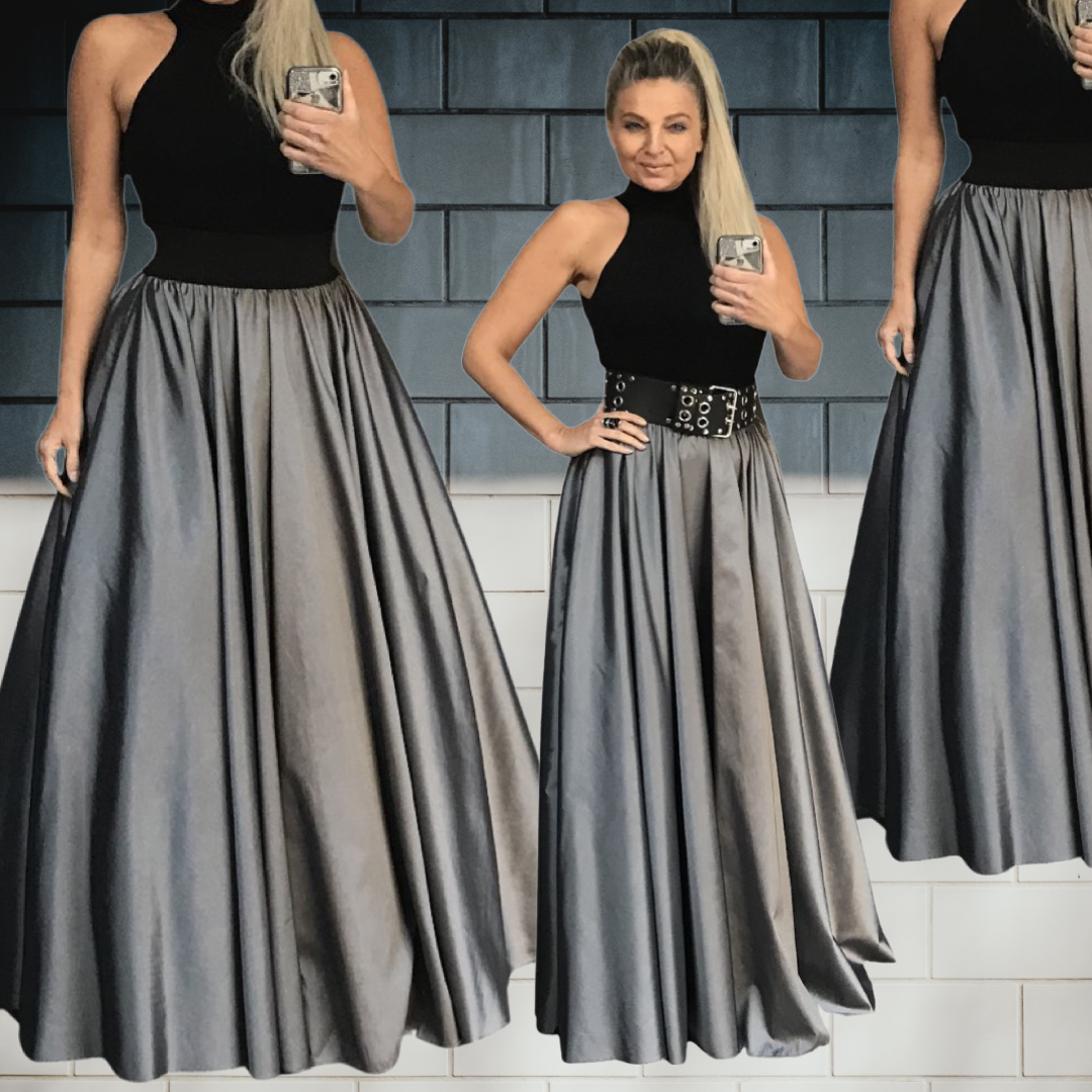 Dlouhá sukně BOROS - šedo-stříbrná taft